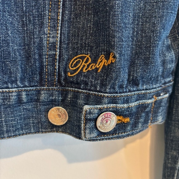 RALPH Ralph Lauren Dark Blue Wash Ruched Shoulder Denim Jean Jacket Medium - Picture 13 of 14